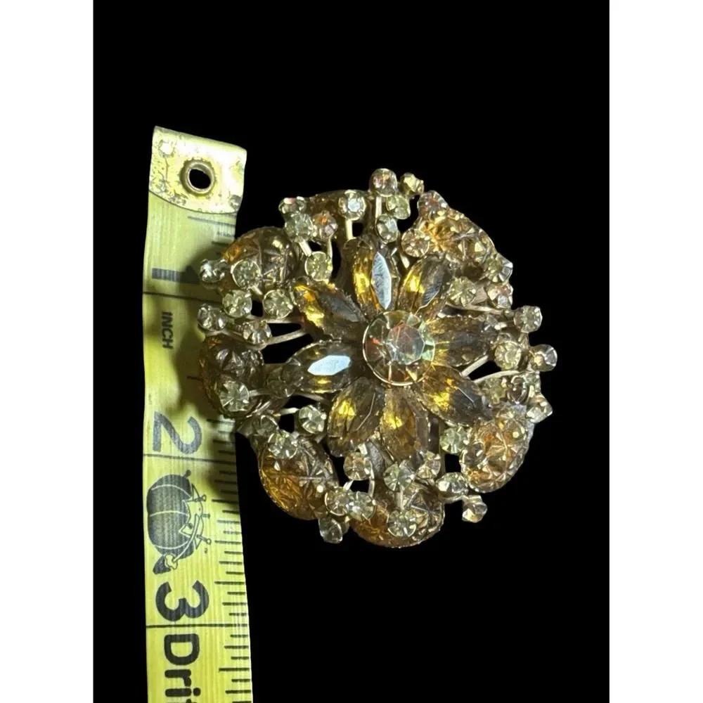 Vintage Large Domed Amber/Cola Rhinestone Floral Brooch Pin Statement Piece
